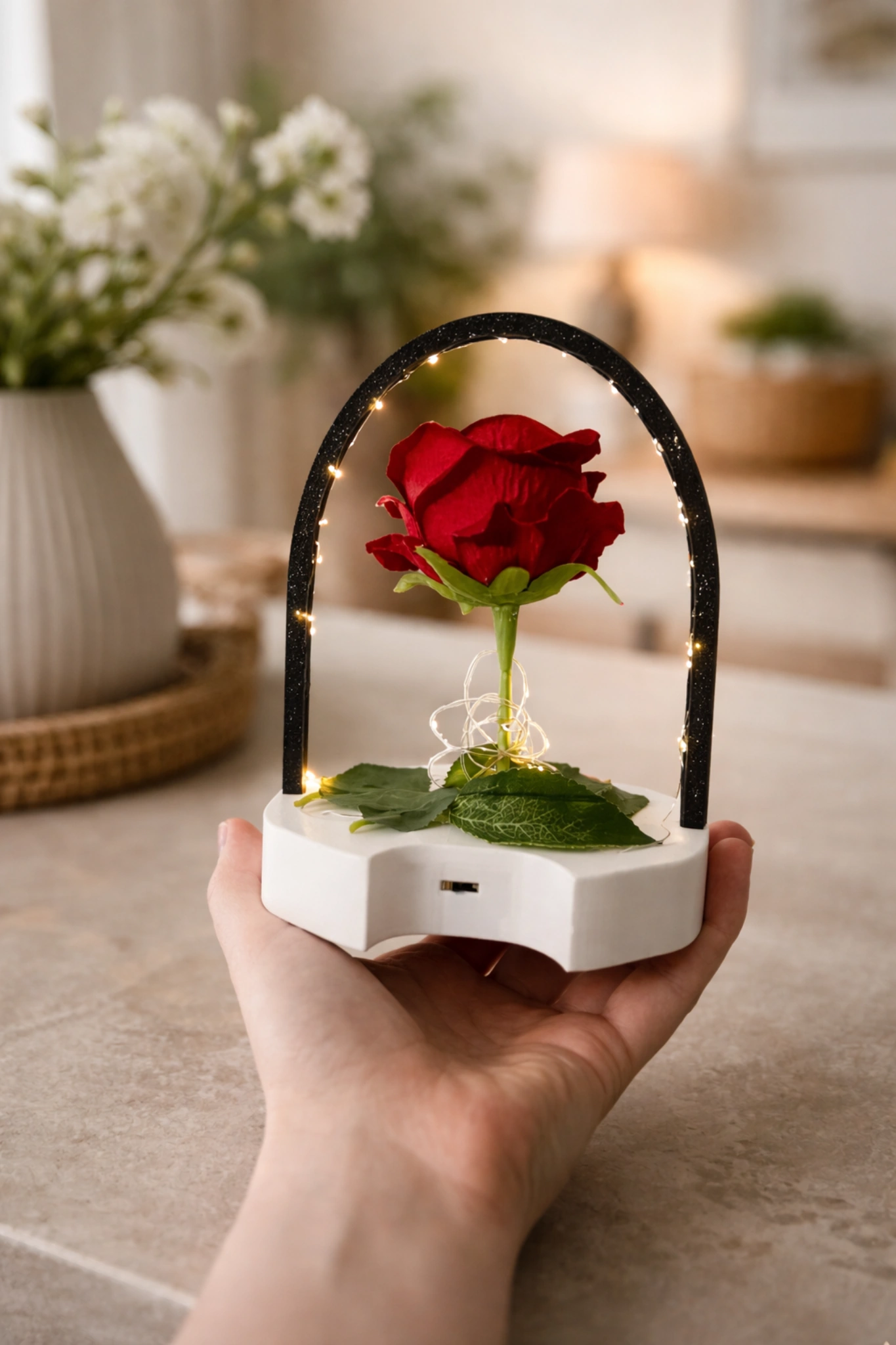 LED rose light with decorative rose, table lamp/night light, handmade gift, warm white, battery operated